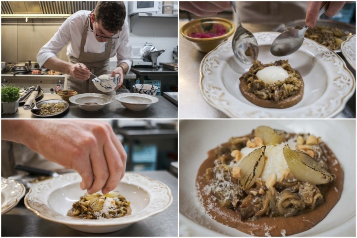 Pau emplatando su receta del huevo con cremoso de cebolla caramelizada.