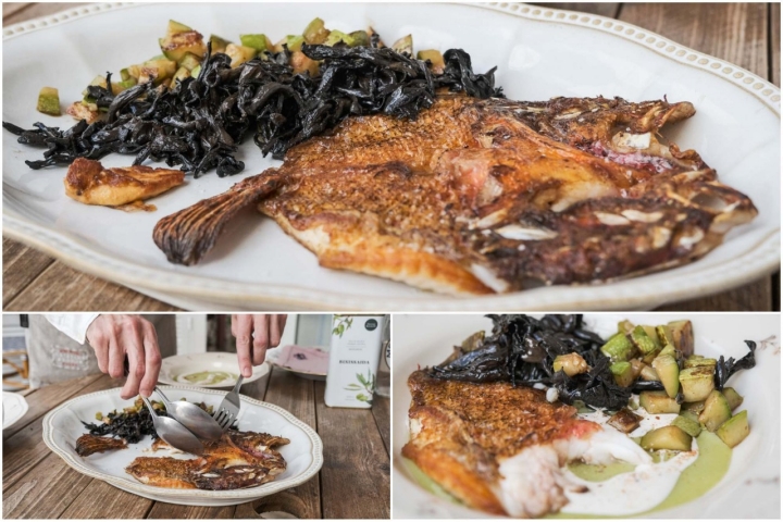 El pescado del día servido sobre un cremoso de almendras. 