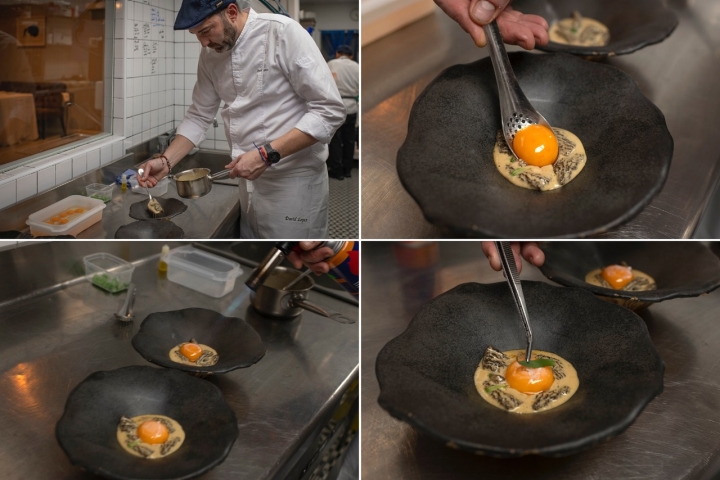 Estofado de setas silvestres, salsa Périgueux y yema campera.