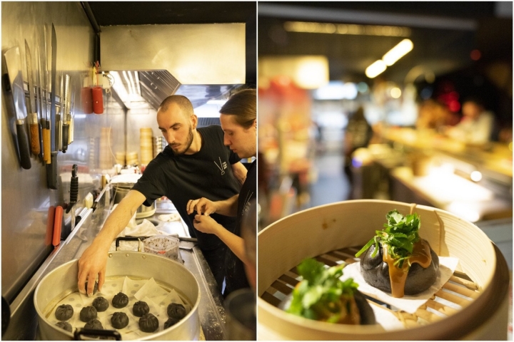 'Black bao' de guiso de sepia encebollada, bocadillo de calamares evolucionado.