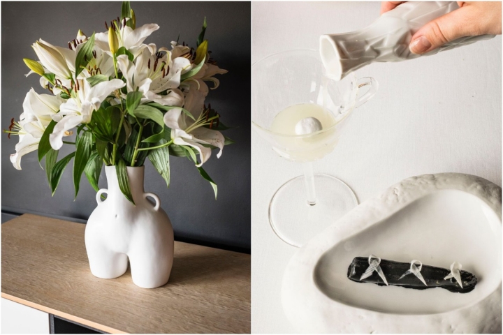 Florero y plato de espárrago del restaurante Taller Arzuaga (Valladolid).