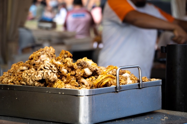Gallinejas y entresijos. Typical dish from Madrid Spain that is prepared with fried lamb intestines. It is normally eaten at the San Isidro festivities as a sandwich.