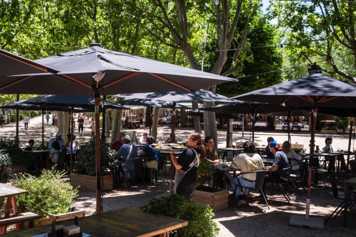 La terraza, entre arboledas.