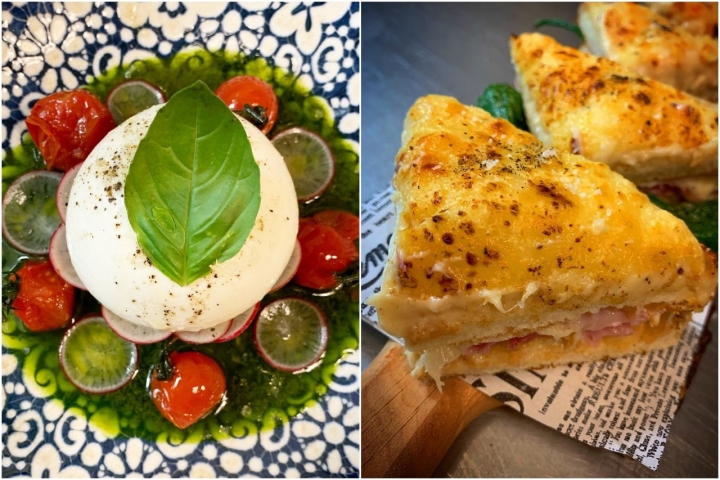 Burrata, tomate, albahaca y bikini de sobrasada y queso emmental en 'Bistrot Bilou'. Foto: 'Bistrot Bilou'.