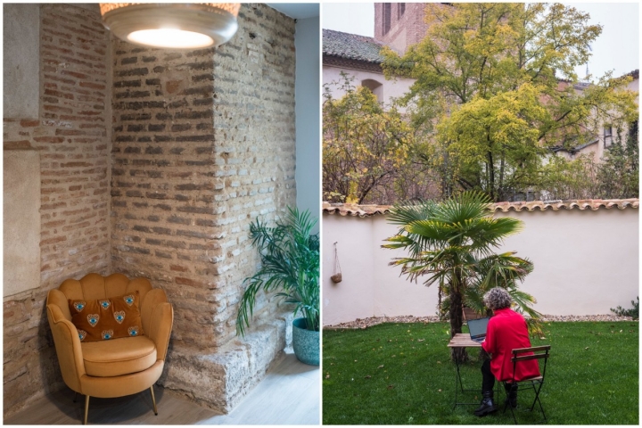 Torre del Santo Sepulcro en el patio y detalle del ladrillo mudéjar visto.