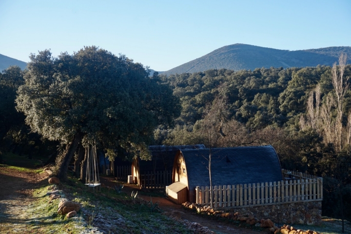 Las cabañas de estilo nórdico sobre la ladera.                               