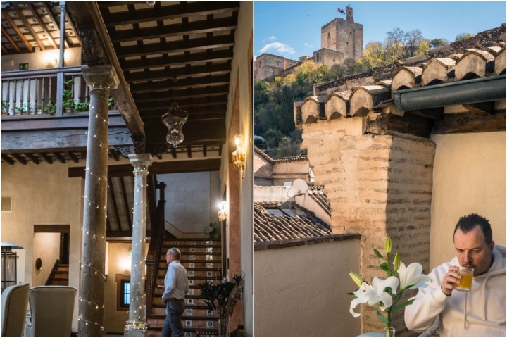 Escaleras interiores y terraza con vistas a la Alhambra del hotel Casa 1800 de Granada.
