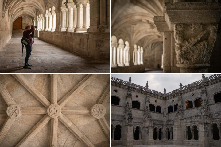 Fotomontaje con varias fotos de detalle de los claustros del Parador de Santo Estevo.