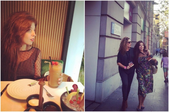 Tomando un cóctel en Amazónico, Madrid, y junto a su hermana en la entrada al Teatro Circo Price, también en Madrid. Fotos: Instagram