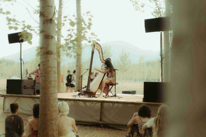 Mujer tocando el arpa en un escenario en medio del bosque.