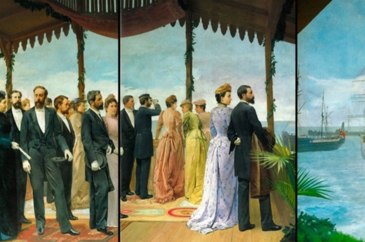 La familia del marqués de Comillas y la Familia Real, en un cuadro en el Palacio de Sobrellano.