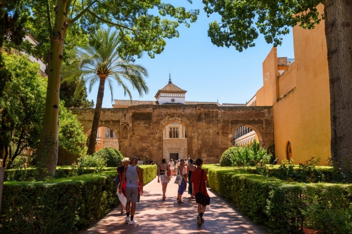 Sevilla, Spain - August 01, 2024: Patio de las Doncellas in Royal palace, Real Alcazar (built in 1360) in Seville, Andalusia, Spain.