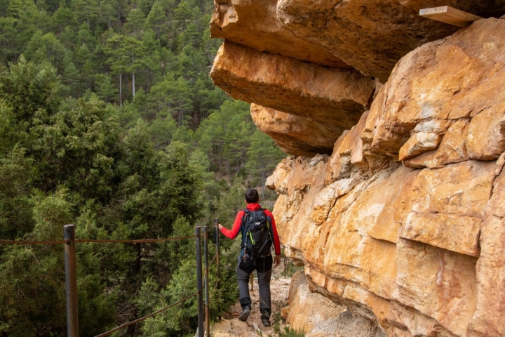 Un hombre atraviesa una pasarela del Estrecho del Ebrón