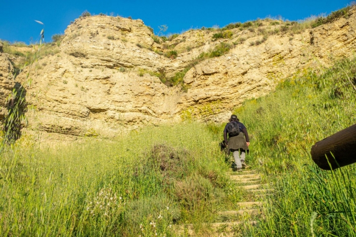 El contraste entre lo agreste del escarpe y el verdor del galacho es evidente.