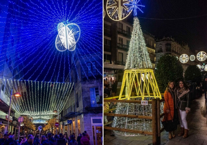 La calle Progreso con la estrella de nieve y detalle de abetos por la ciudad.