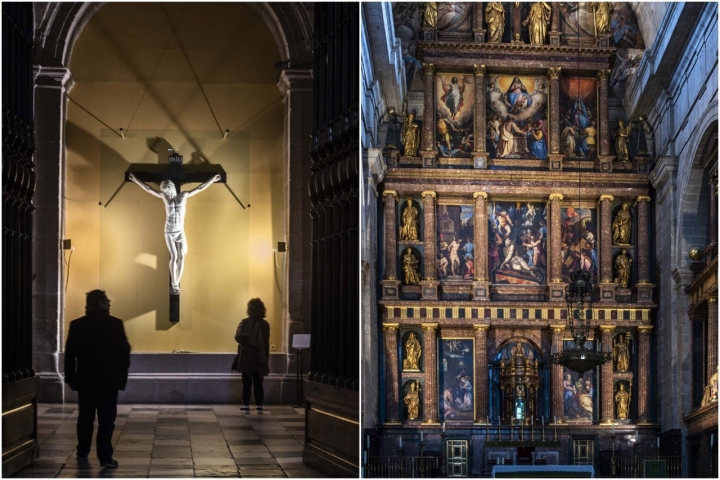 El 'Cristo de Cellini' (algo pagano) y el altar, a la derecha la puerta de Felipe II.