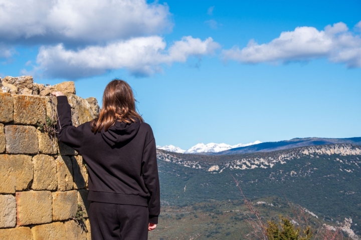 Desde el alto de la Peña de San Miguel se divisan al norte las cumbres nevadas del Pirineo.
